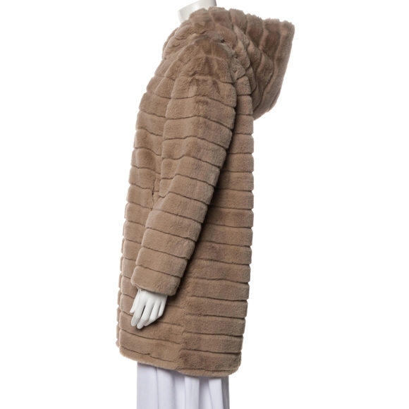STUNNING TAN RACHEL ZOE RIBBED FAKE FUR HOODED COAT - Picture 1 of 14